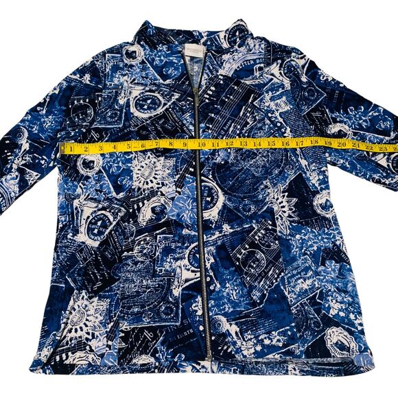 WEEKENDS By CHICO'S Zip Front Jacket Top Size 1 (M /8) Blue Print Band Collar - Picture 3 of 7